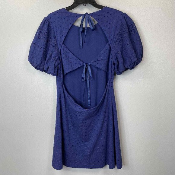 Free People Apricot Rose Mini Dress Womens Large Navy Blue Eyelet Puff Sleve - Picture 5 of 13